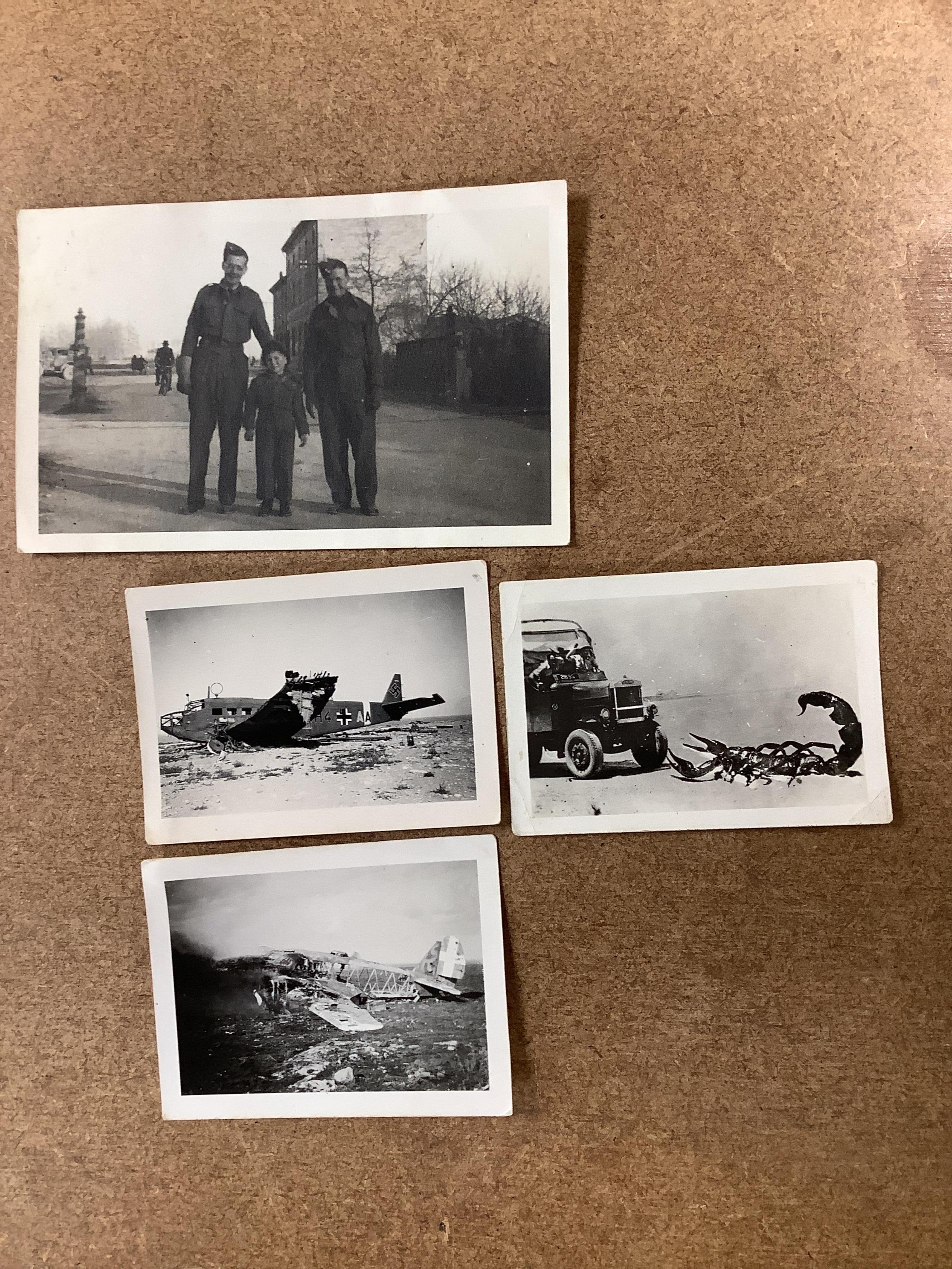 An archive of RAF etc memorabilia including WWII photographs of Churchill, Montgomery and Rommell etc. plus images of some crashed and damaged aircraft, together with hand written notes on the Bristol Pegasus engine, a m